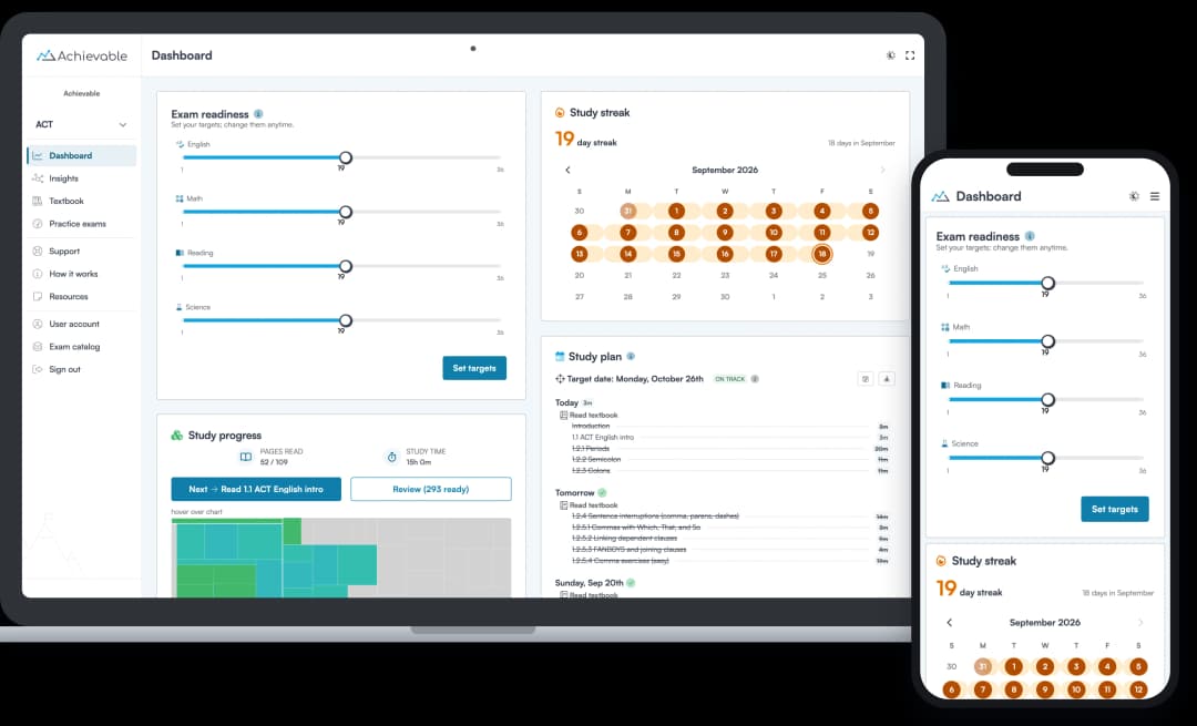 Screenshot of the Achievable ACT course dashboard