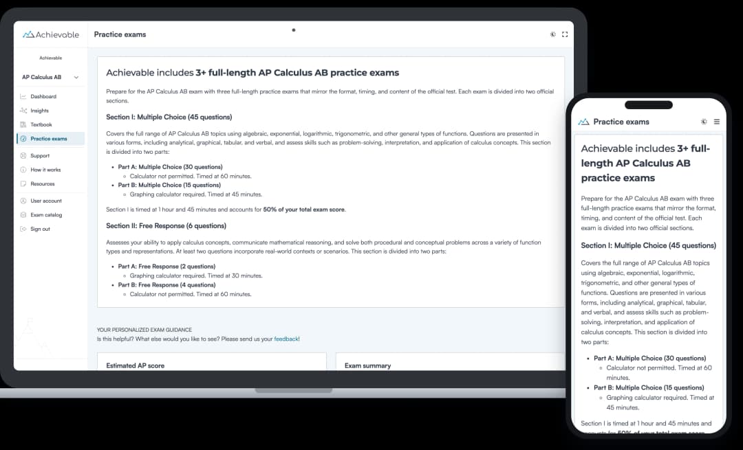 Screenshot of an Achievable AP Calculus AB full-length practice exam