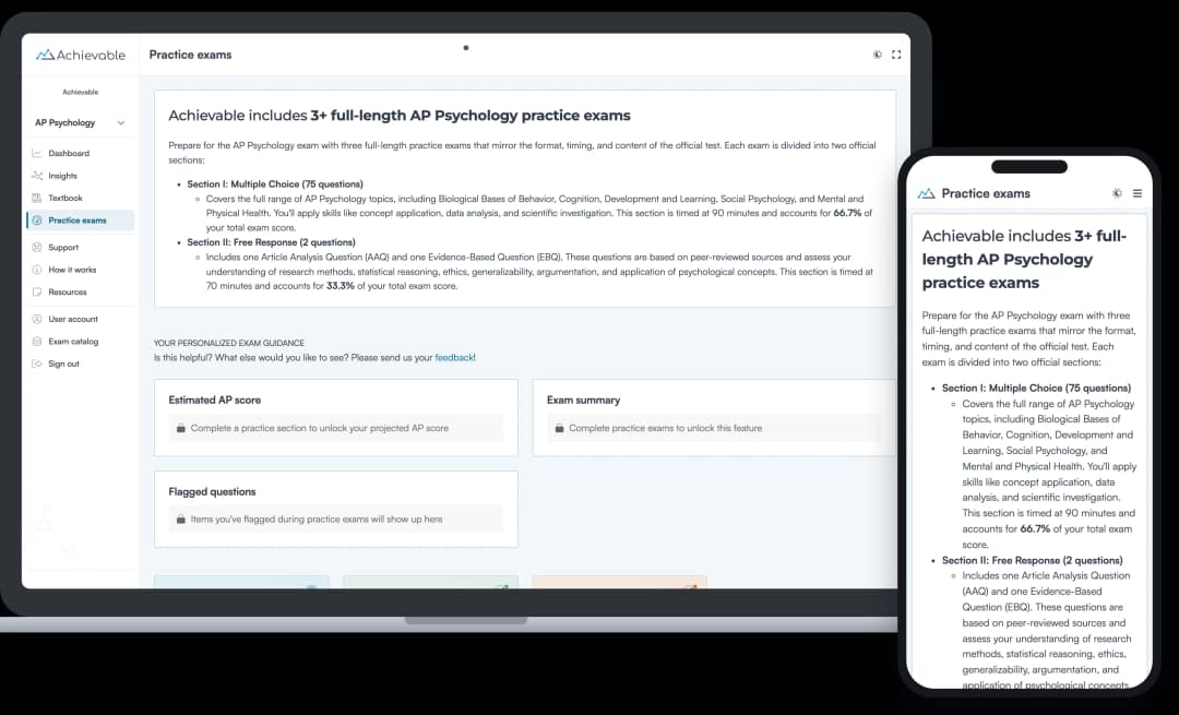 Screenshot of an Achievable AP Psychology full-length practice exam
