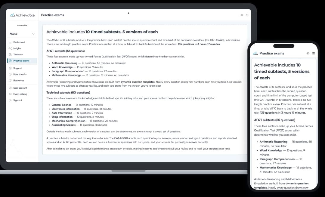 Screenshot of an Achievable ASVAB timed practice subtest