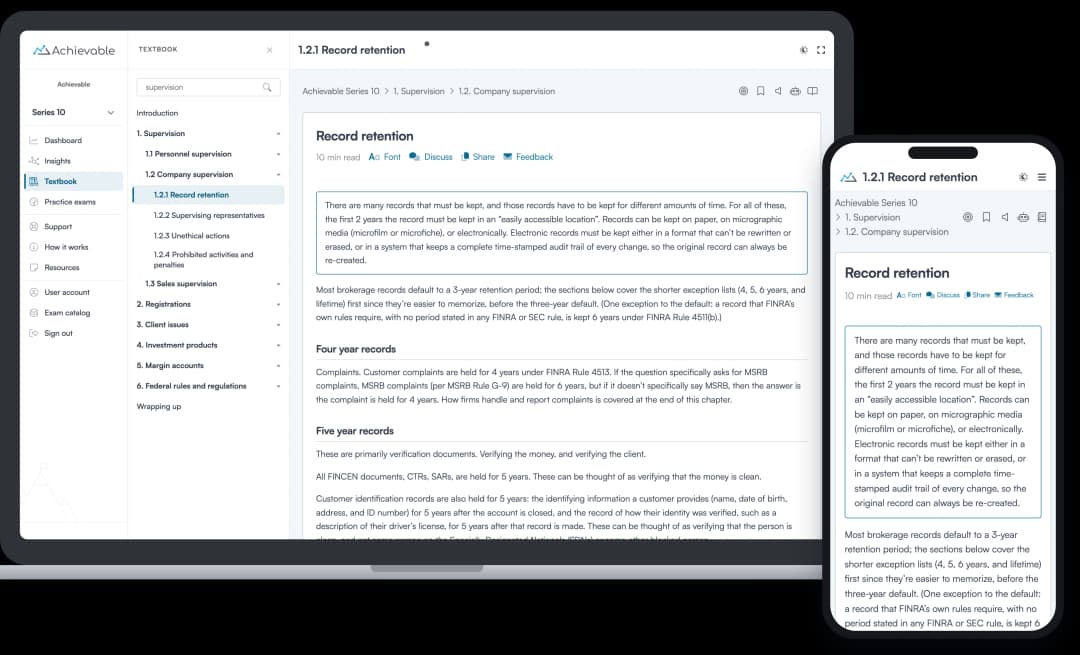 Screenshot of the Achievable FINRA Series 10 online textbook