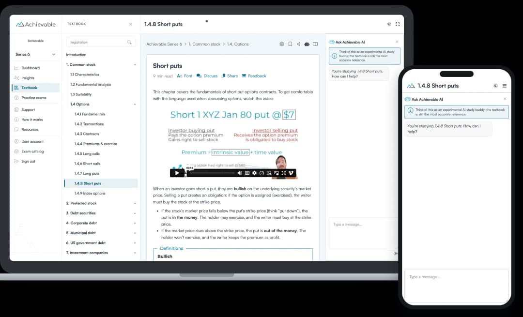 Screenshot of Ask Achievable AI answering a question in the FINRA Series 6 course