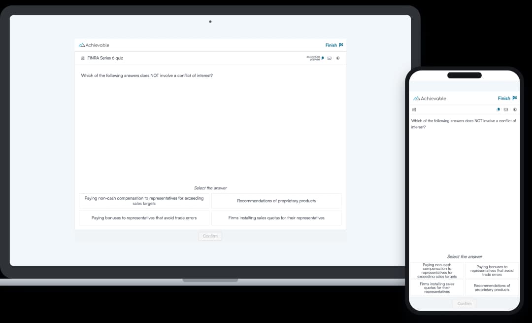 Screenshot of an Achievable FINRA Series 6 review quiz question