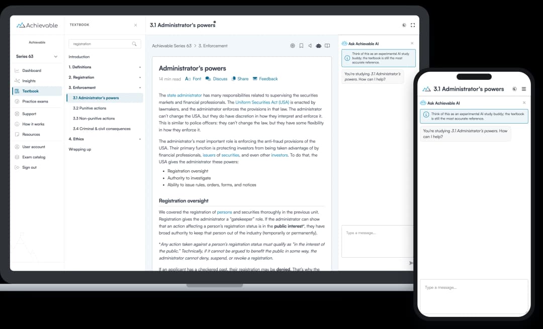 Screenshot of Ask Achievable AI answering a question in the FINRA Series 63 course