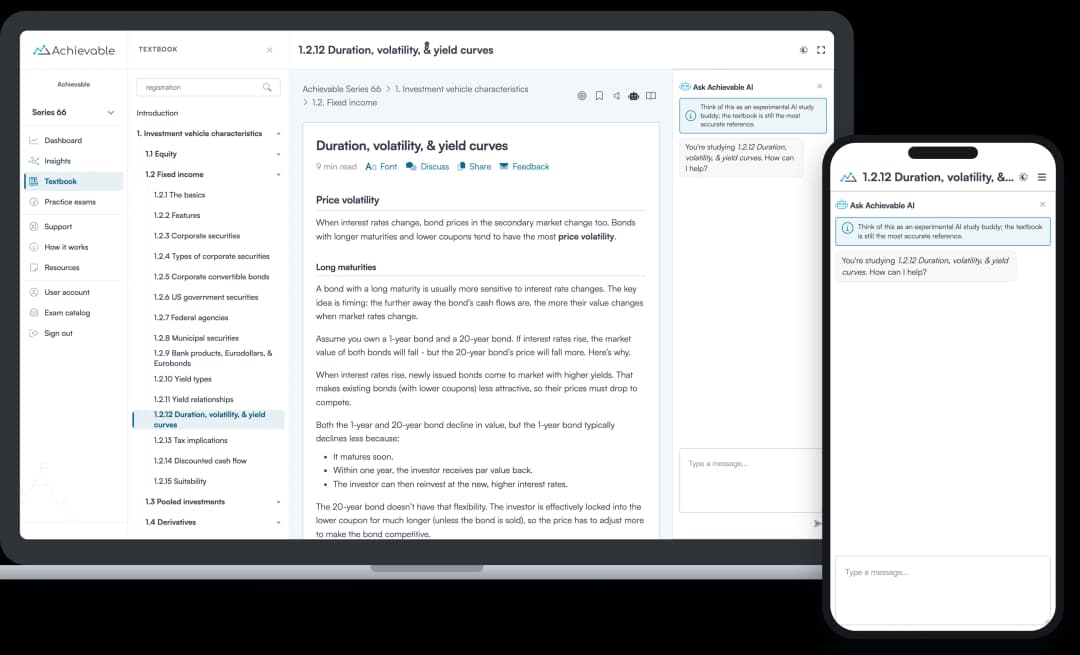 Screenshot of Ask Achievable AI answering a question in the FINRA Series 66 course