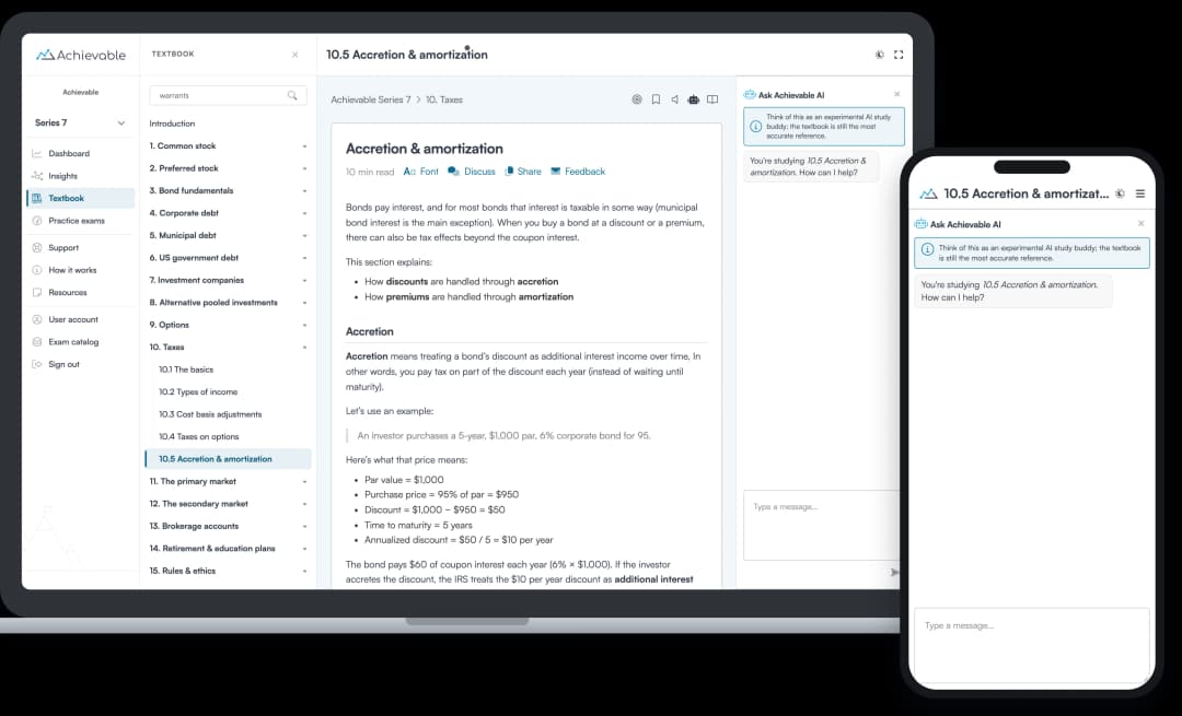 Screenshot of Ask Achievable AI answering a question in the FINRA Series 7 course