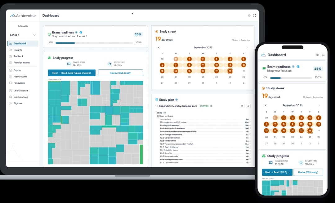 Screenshot of the Achievable FINRA Series 7 course dashboard