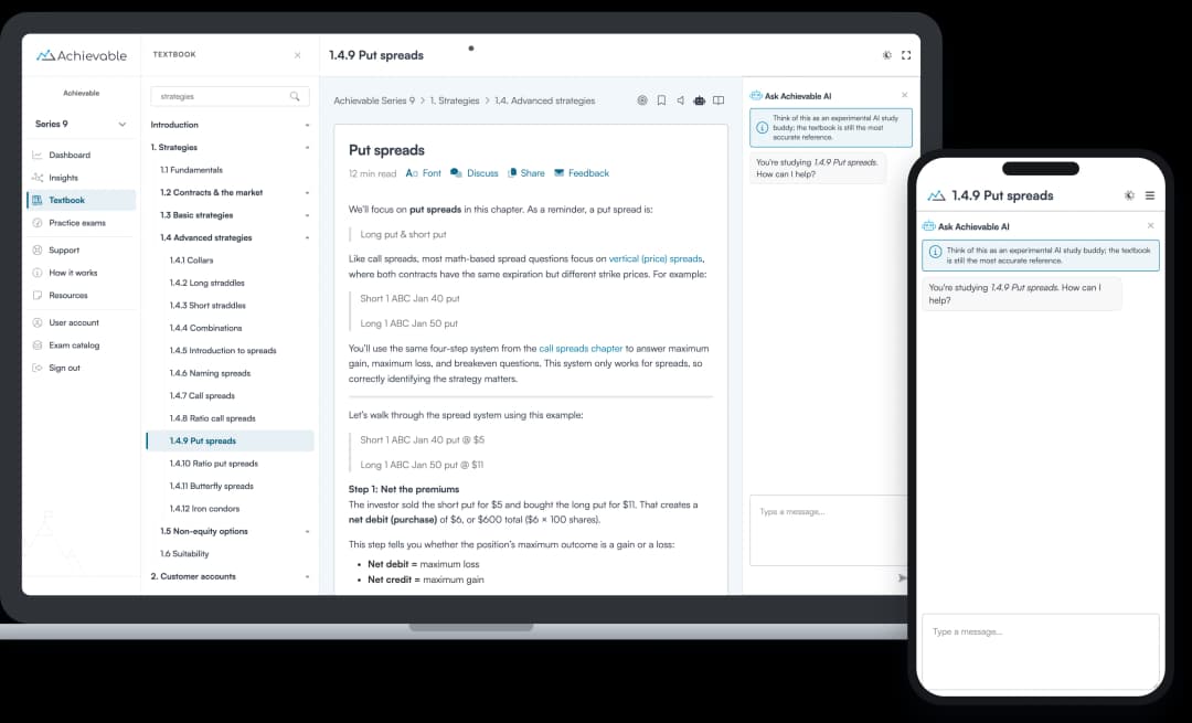 Screenshot of Ask Achievable AI answering a question in the FINRA Series 9 course
