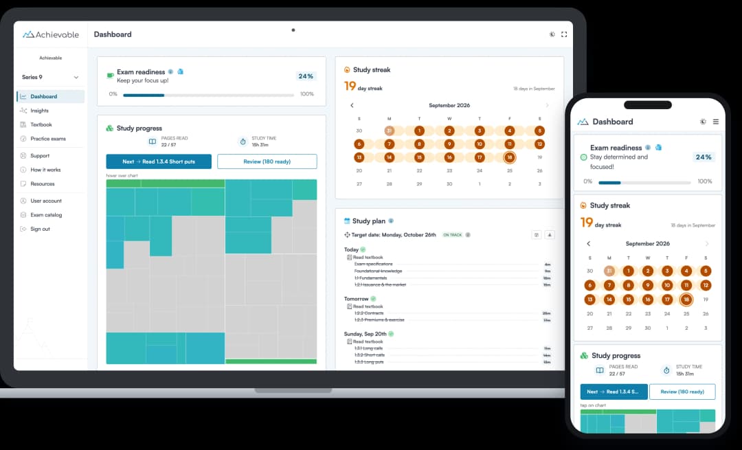 Screenshot of the Achievable FINRA Series 9 course dashboard