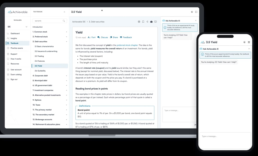 Screenshot of Ask Achievable AI answering a question in the FINRA SIE course