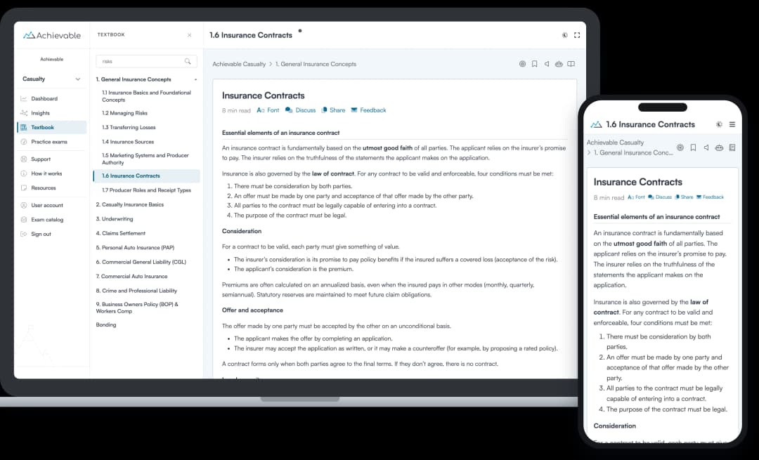 Screenshot of the Achievable Casualty insurance licensing online textbook