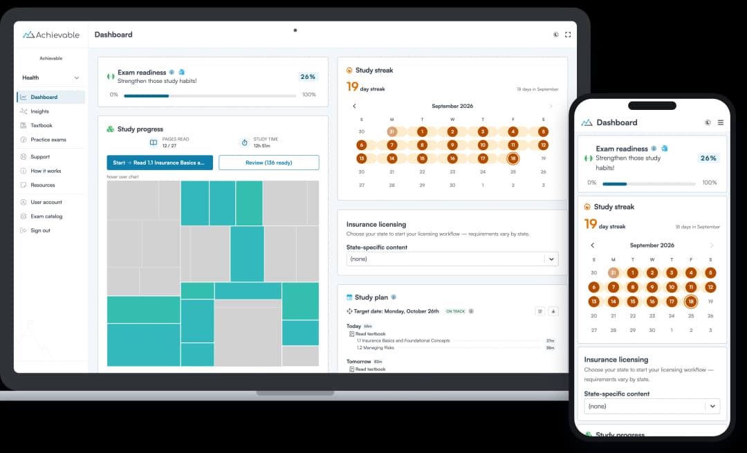 Screenshot of the Achievable Health insurance licensing course dashboard