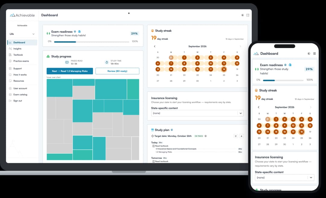 Screenshot of the Achievable Life insurance licensing course dashboard