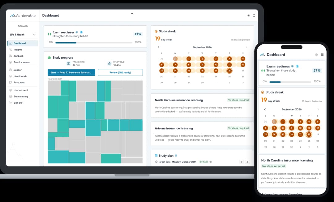 Screenshot of the Achievable Life & Health insurance licensing course dashboard