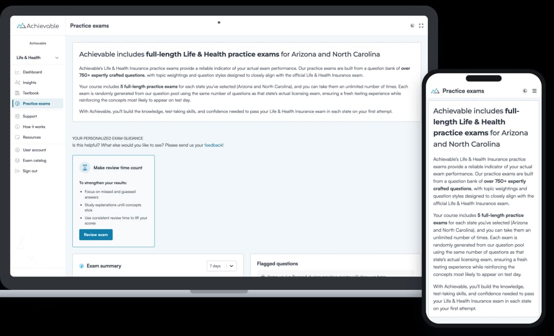 Screenshot of an Achievable Life & Health insurance licensing full-length practice exam