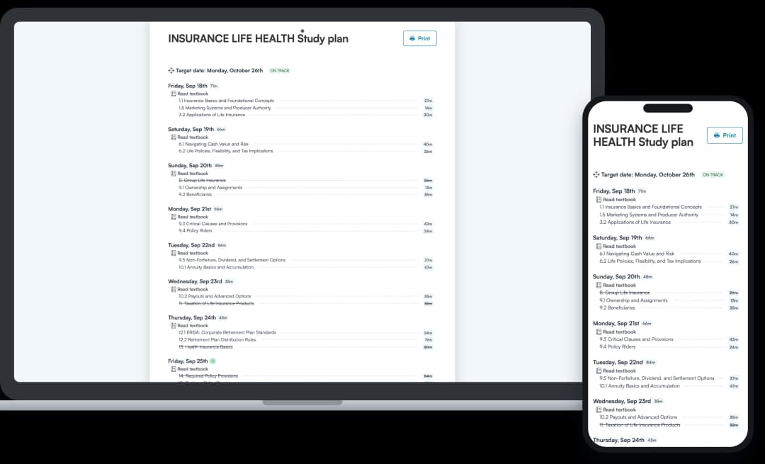 Screenshot of an Achievable Life & Health insurance licensing study plan