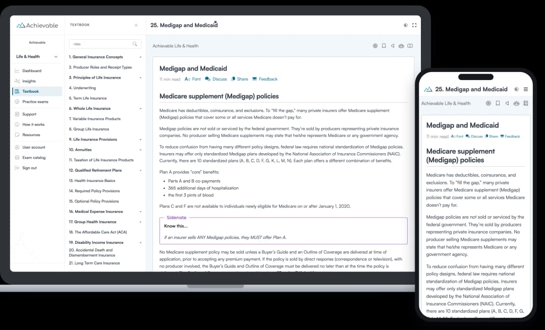 Screenshot of the Achievable Life & Health insurance licensing online textbook