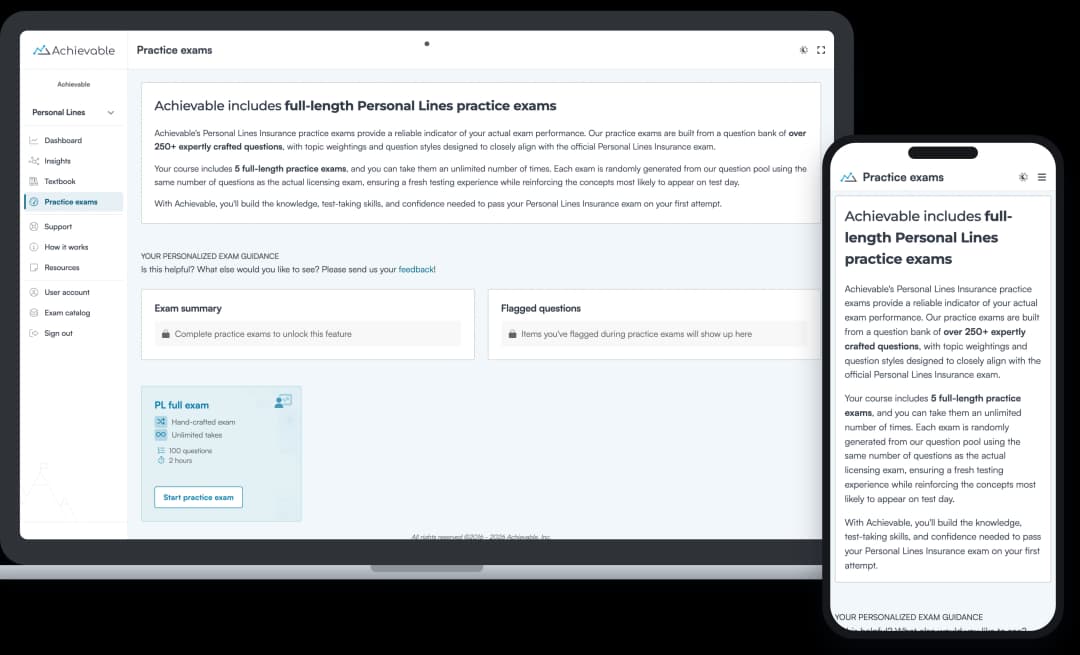 Screenshot of an Achievable Personal Lines insurance licensing full-length practice exam