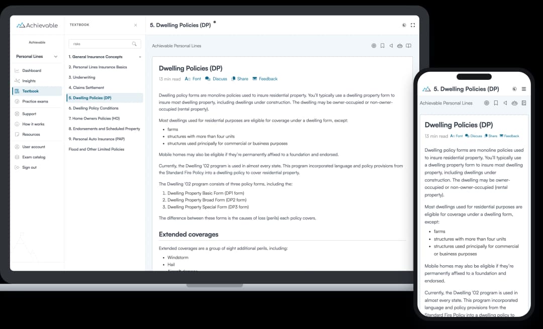 Screenshot of the Achievable Personal Lines insurance licensing online textbook