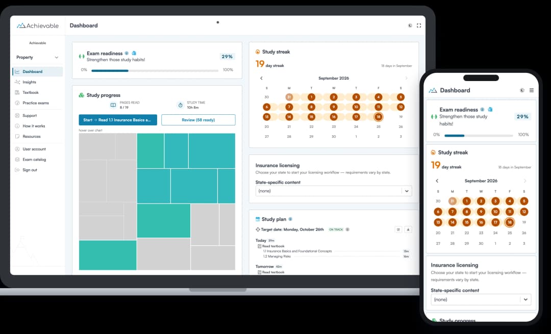 Screenshot of the Achievable Property insurance licensing course dashboard