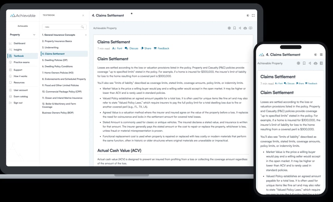 Screenshot of the Achievable Property insurance licensing online textbook