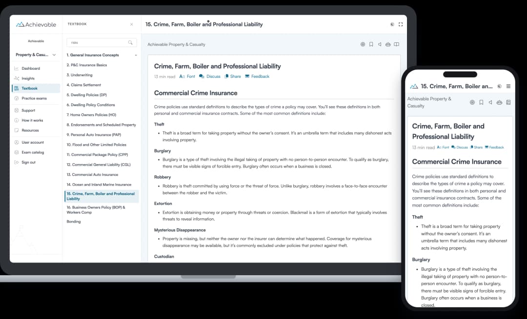 Screenshot of the Achievable Property & Casualty insurance licensing online textbook