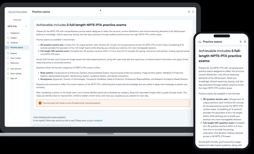 Screenshot of an Achievable NPTE-PTA full-length practice exam