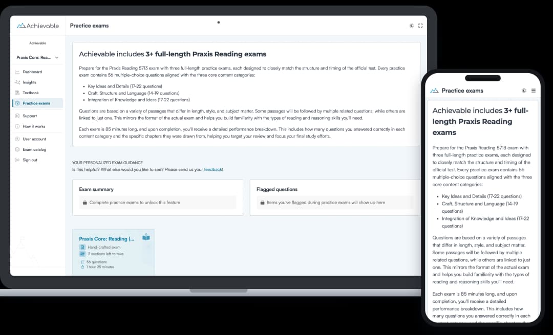 Screenshot of an Achievable Praxis Core Reading full-length practice exam