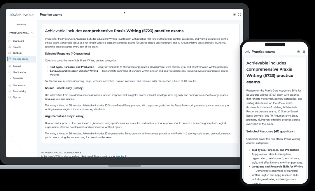 Screenshot of the Achievable Praxis Core Writing practice exams page