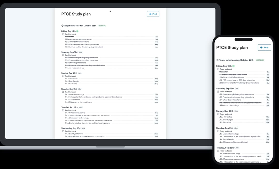 Screenshot of an Achievable PTCE study plan
