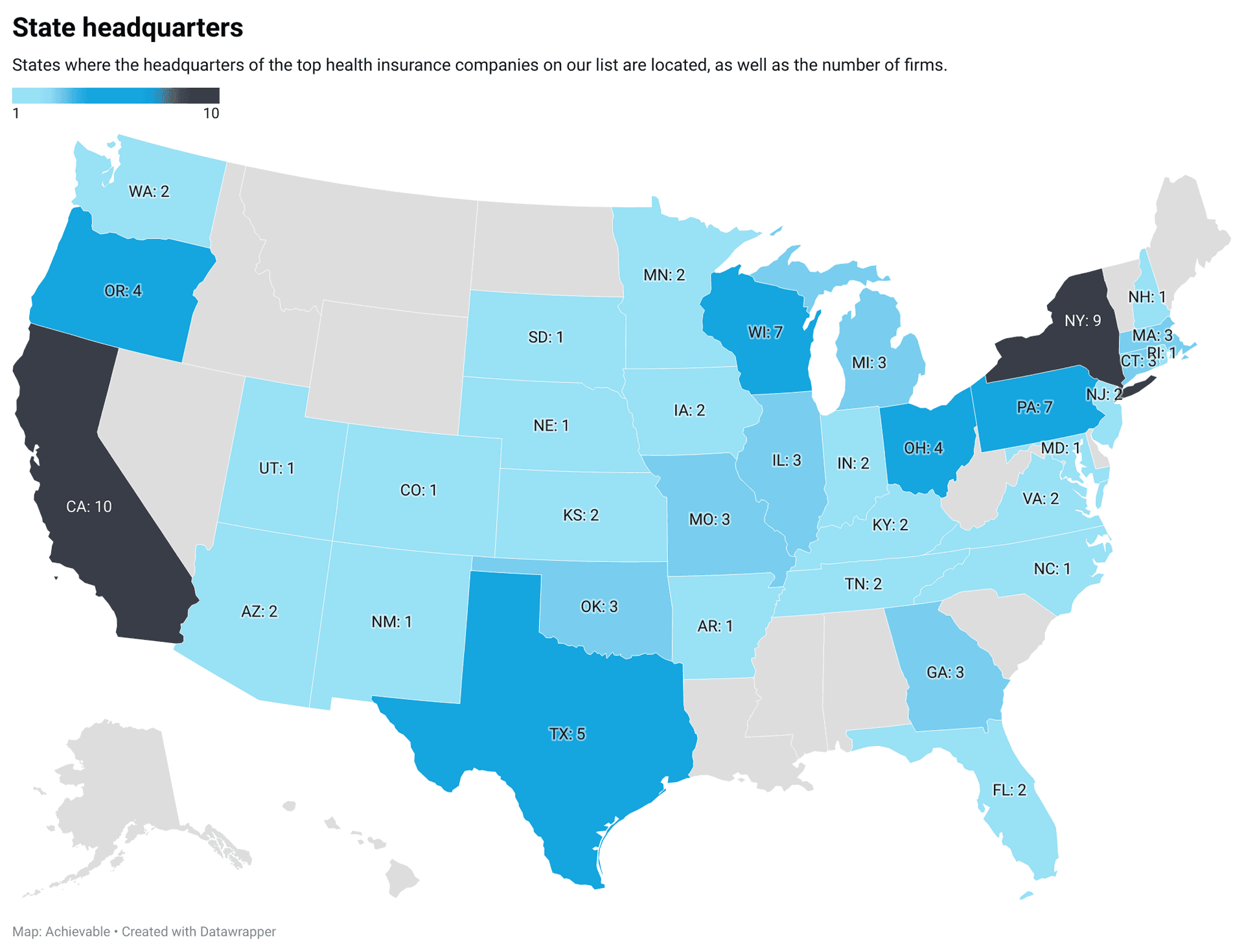 State headquarters distribution of top health insurance companies