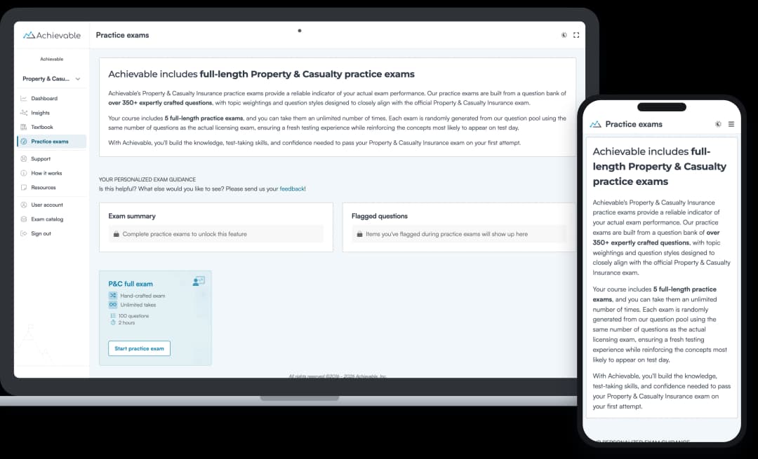 Screenshot of an Achievable Property & Casualty insurance licensing full-length practice exam