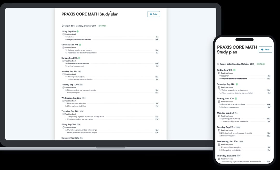 Screenshot of an Achievable Praxis Core Math study plan
