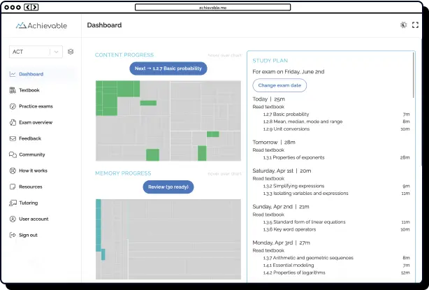 Laptop displaying the Achievable exam prep dashboard and a smartphone displaying a quiz question