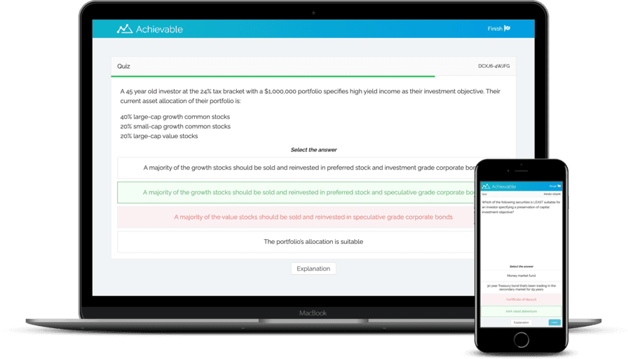 Screenshot of Achievable Series 66 review quiz