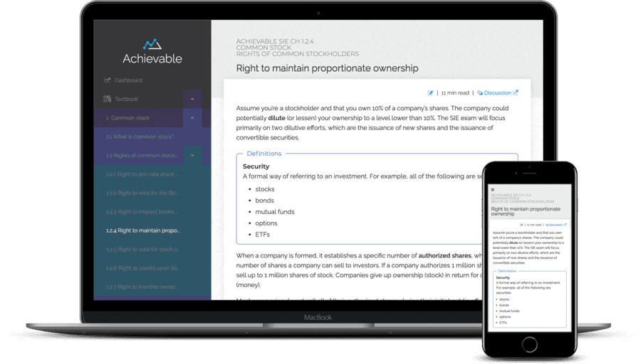 Achievable SIE online textbook shown on laptop and smartphone