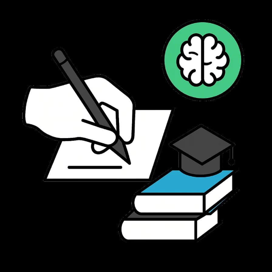 Illustration of a hand holding a pencil writing on paper next to a stack of books