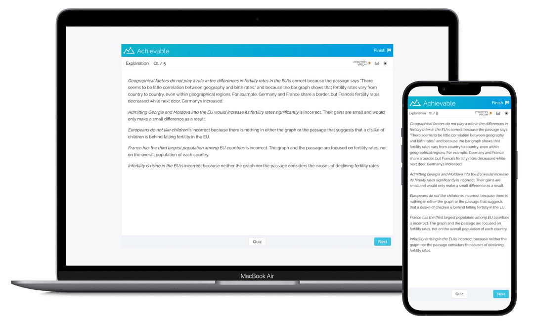 Screenshot of Achievable Praxis Reading quizzes