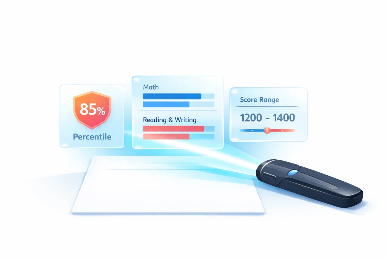 Illustration of SAT score results showing a percentile, section scores, and a score range