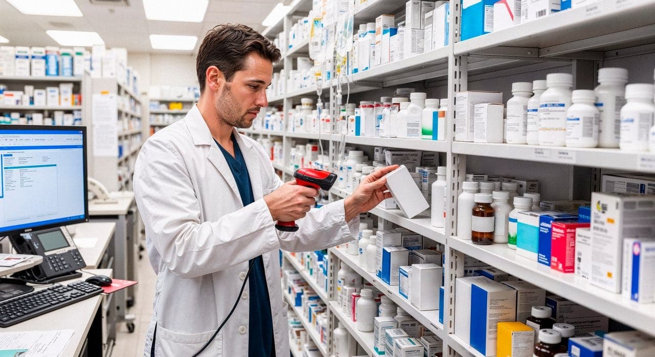 Pharmacist scanning medication in a pharmacy