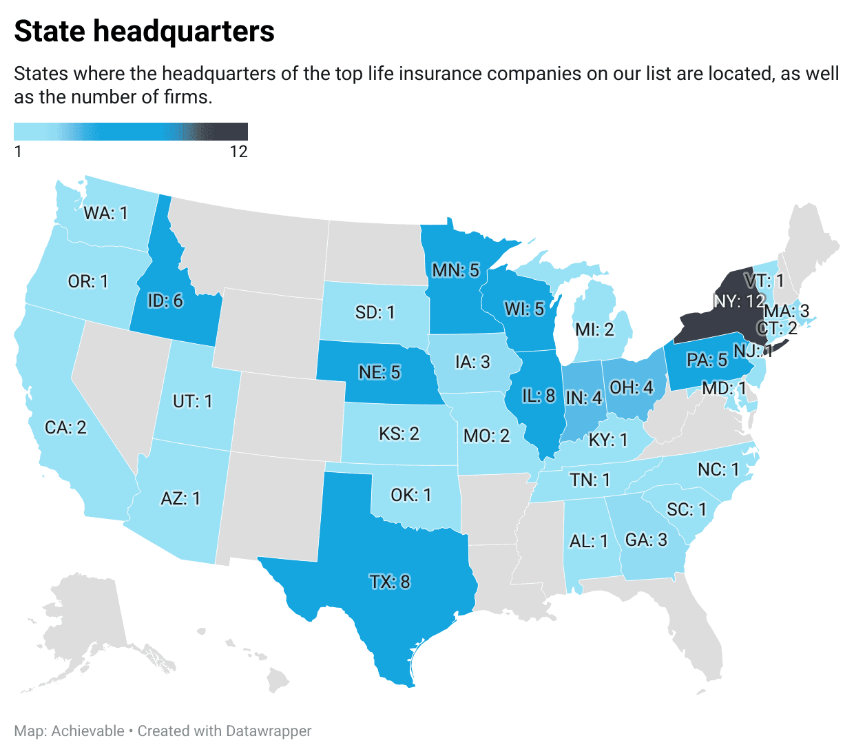 State headquarters distribution of top life insurance companies