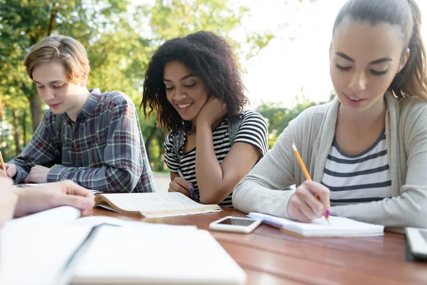 A group of friends sitting and studying outdoors