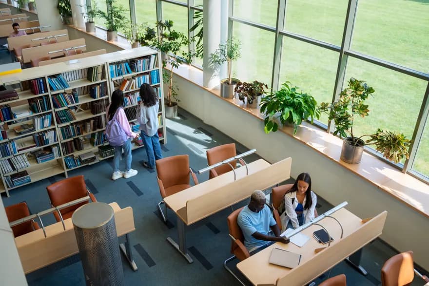 A high angle view of students learning in a library