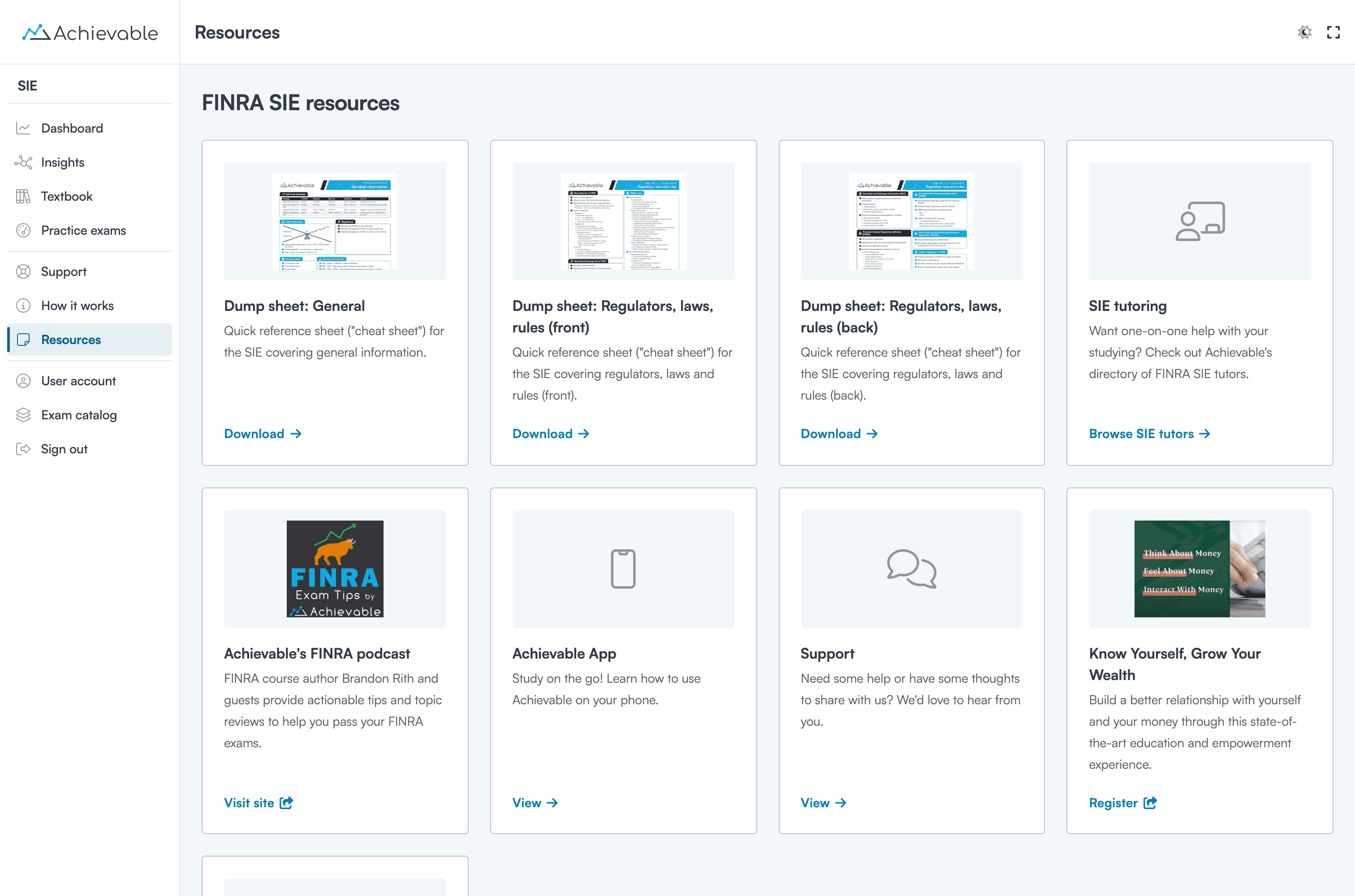 The FINRA SIE resources page with downloadable cheat sheets, the podcast, the mobile app and tutoring