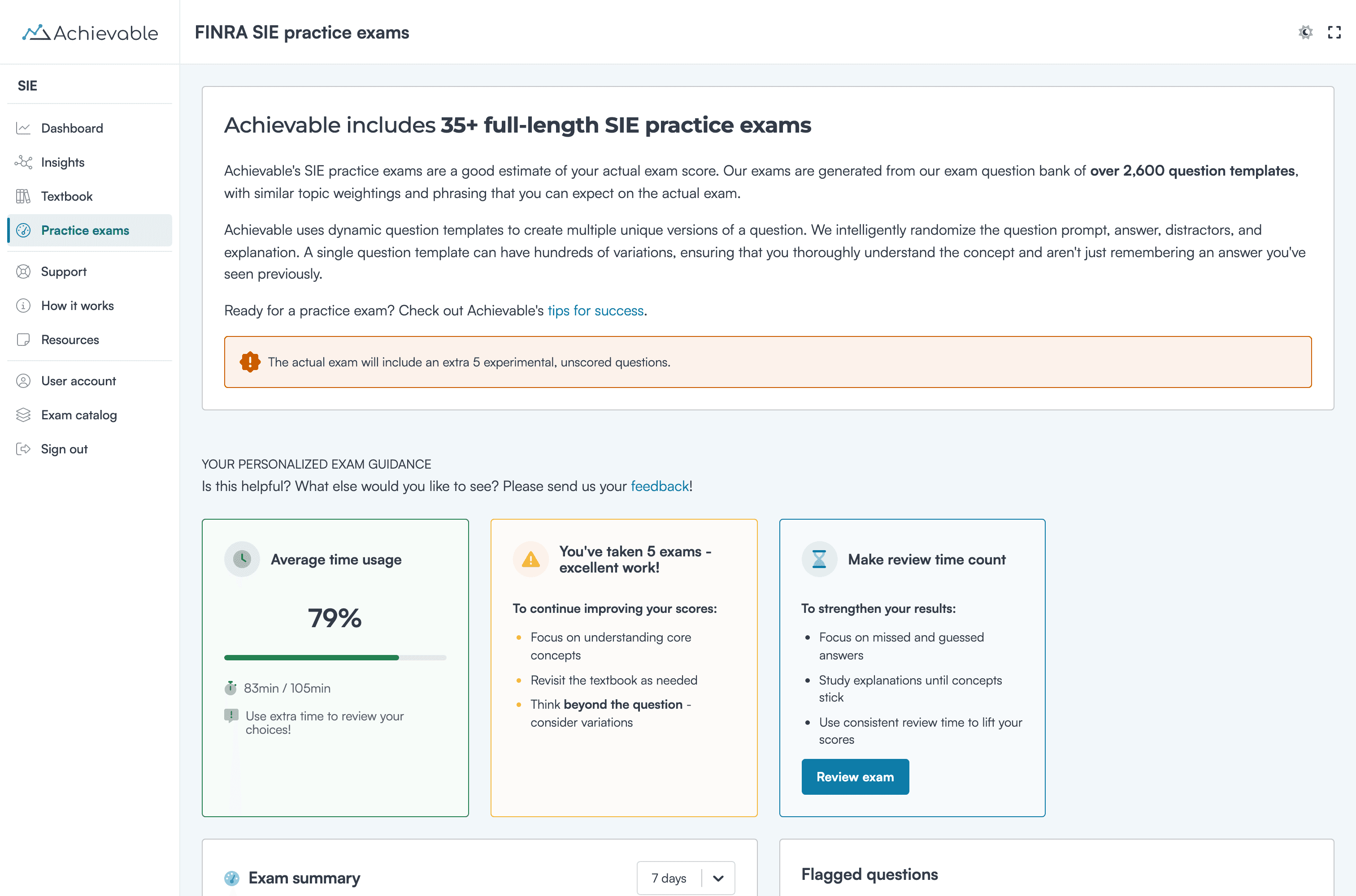 The practice exams page with personalized exam guidance