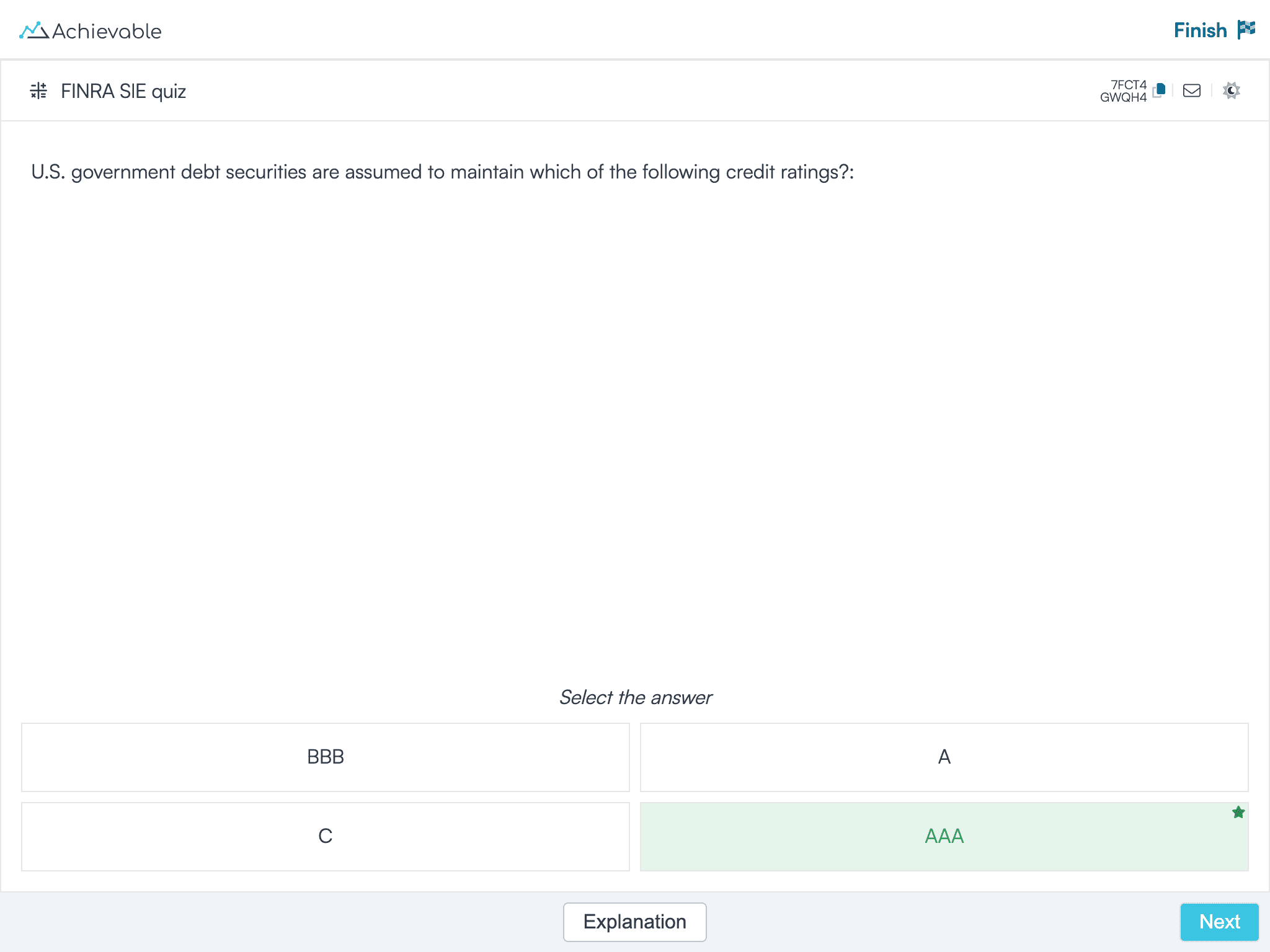 A FINRA SIE quiz question answered correctly, with the correct choice highlighted