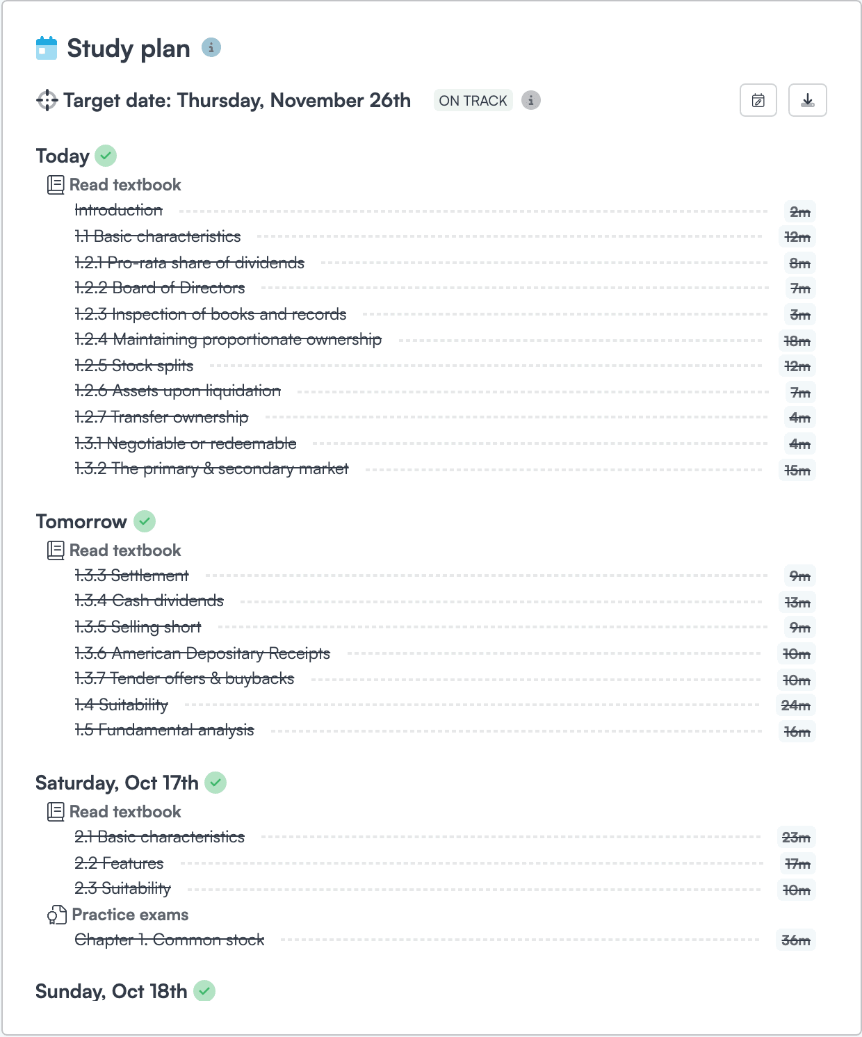Study plan card listing reading and practice exams for today and the days ahead, with a target exam date