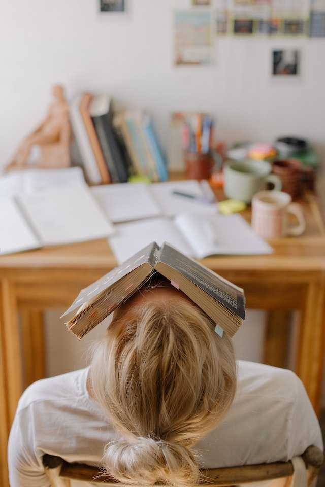 Woman sitting on a chair with a book over her face